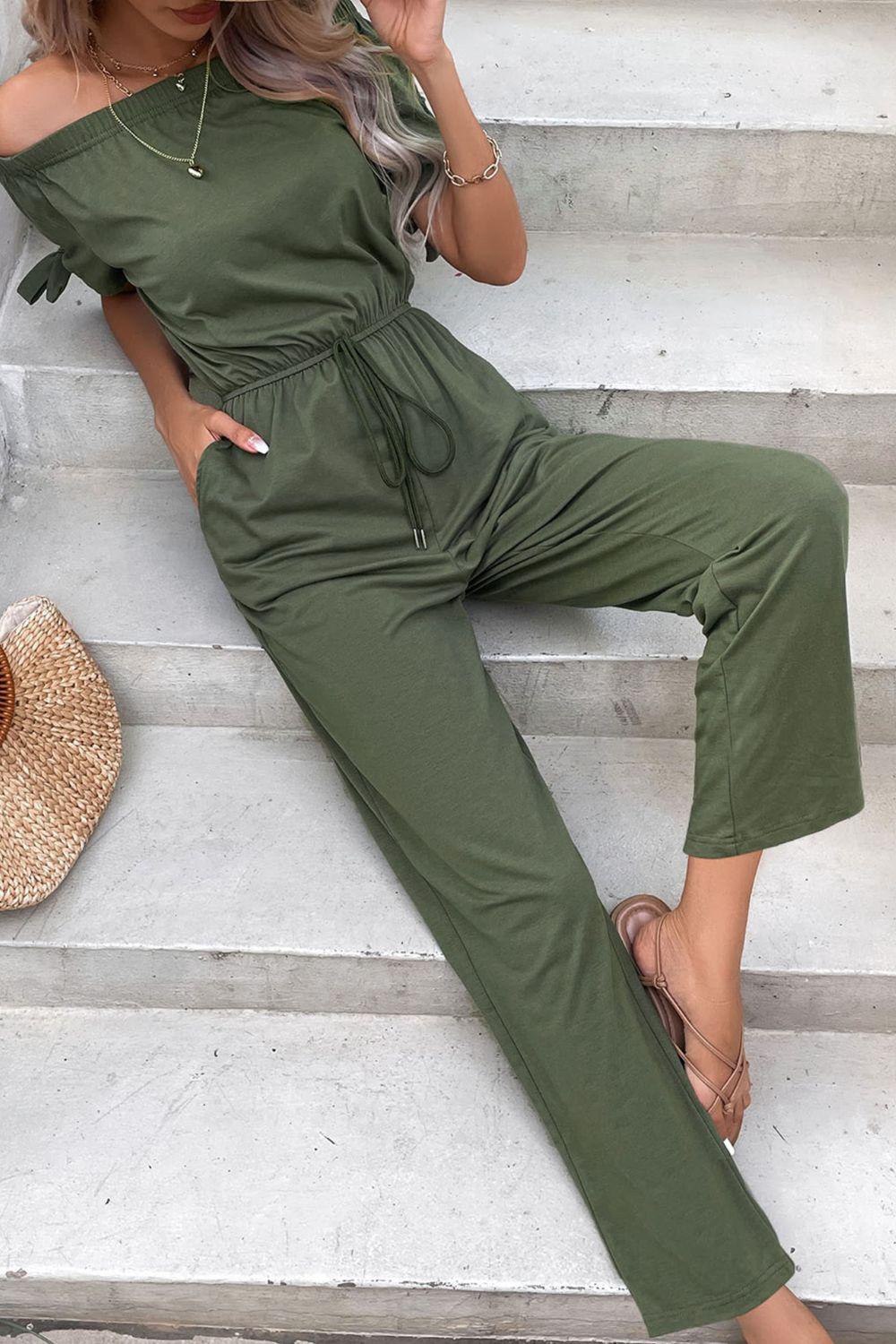 Off-Shoulder Tie Cuff Jumpsuit with Pockets BLUE ZONE PLANET