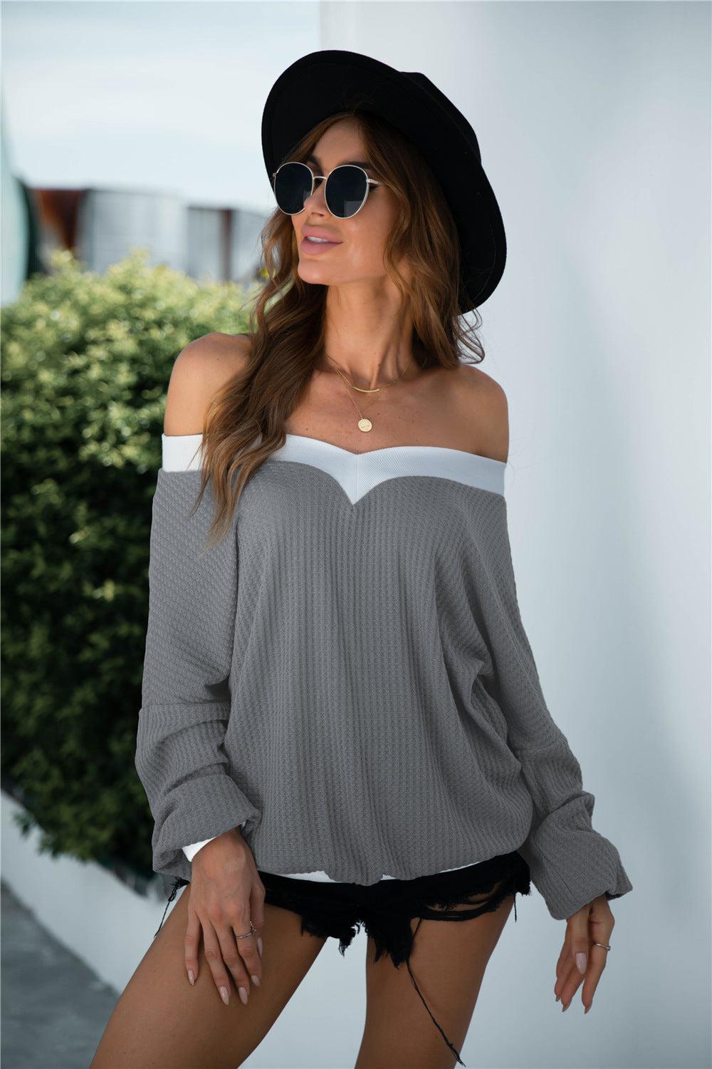 Off-Shoulder Waffle-knit Dropped Shoulder Blouse BLUE ZONE PLANET