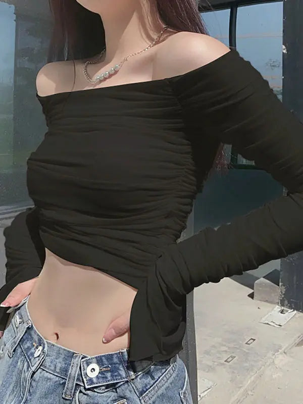 Off-the-shoulder slim-fit mesh bell-sleeved long-sleeved navel-baring T-shirt BLUE ZONE PLANET