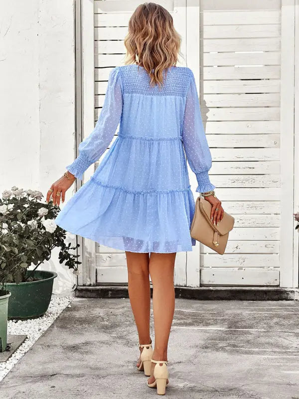 Olivia's Solid Color Elegant Round Neck Swiss Dot Jacquard Tiered Mini Dress kakaclo