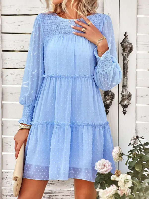 Olivia's Solid Color Elegant Round Neck Swiss Dot Jacquard Tiered Mini Dress kakaclo