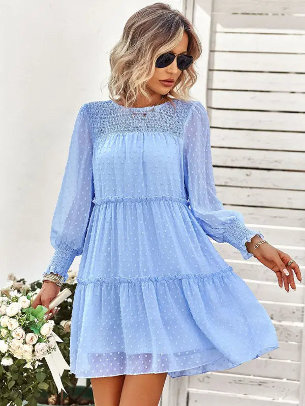 Olivia's Solid Color Elegant Round Neck Swiss Dot Jacquard Tiered Mini Dress kakaclo