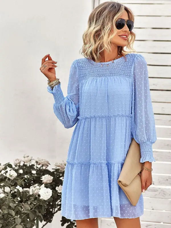 Olivia's Solid Color Elegant Round Neck Swiss Dot Jacquard Tiered Mini Dress kakaclo