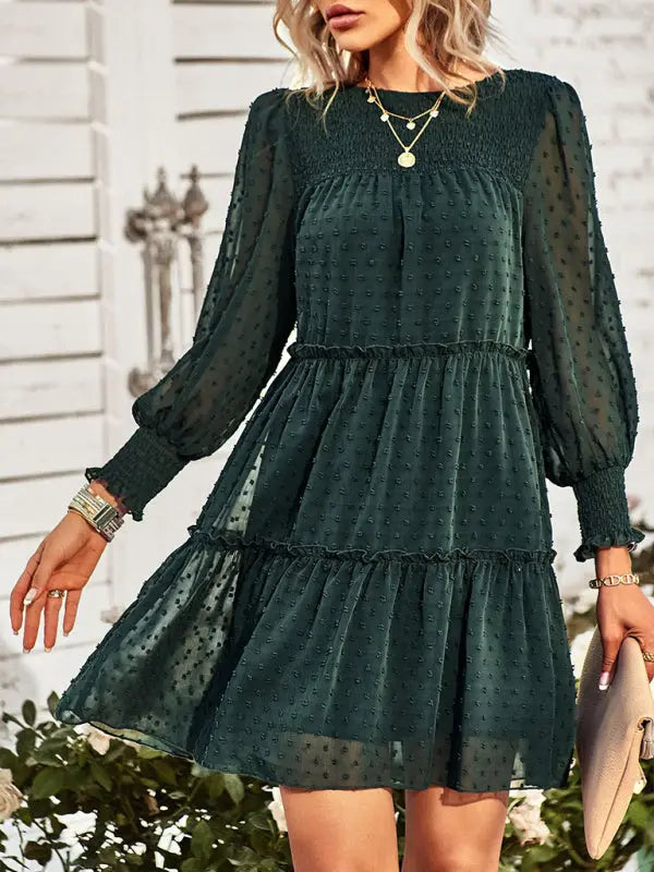 Olivia's Solid Color Elegant Round Neck Swiss Dot Jacquard Tiered Mini Dress kakaclo