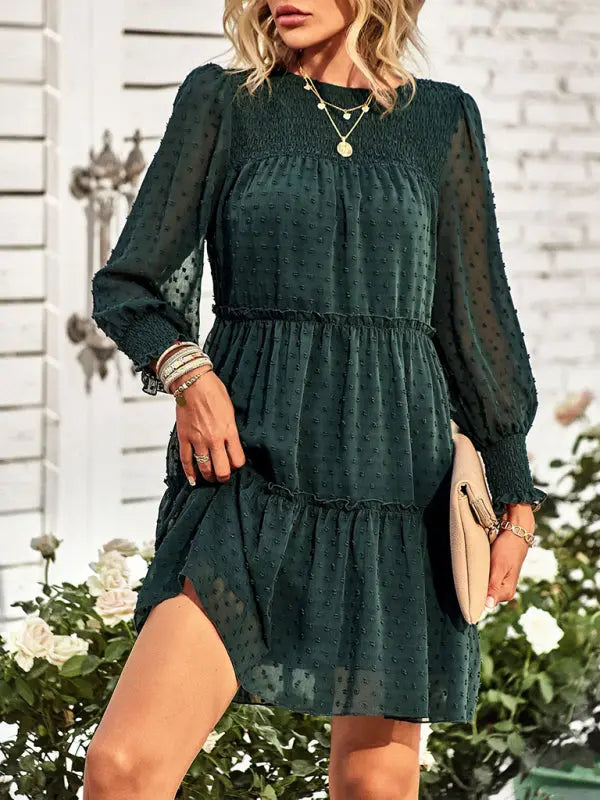 Olivia's Solid Color Elegant Round Neck Swiss Dot Jacquard Tiered Mini Dress kakaclo
