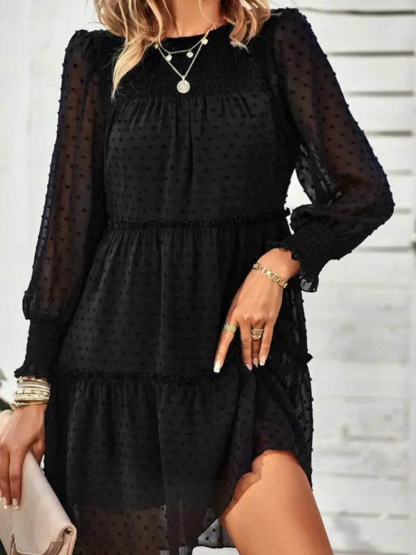 Olivia's Solid Color Elegant Round Neck Swiss Dot Jacquard Tiered Mini Dress kakaclo