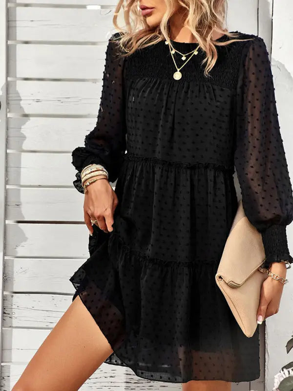 Olivia's Solid Color Elegant Round Neck Swiss Dot Jacquard Tiered Mini Dress kakaclo