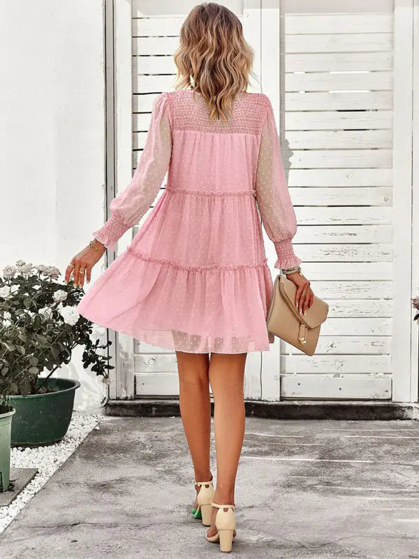 Olivia's Solid Color Elegant Round Neck Swiss Dot Jacquard Tiered Mini Dress kakaclo
