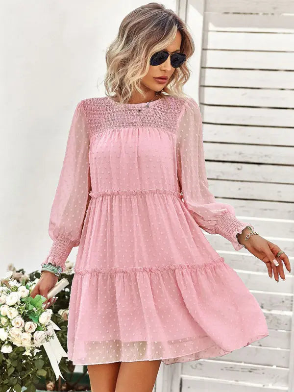 Olivia's Solid Color Elegant Round Neck Swiss Dot Jacquard Tiered Mini Dress kakaclo
