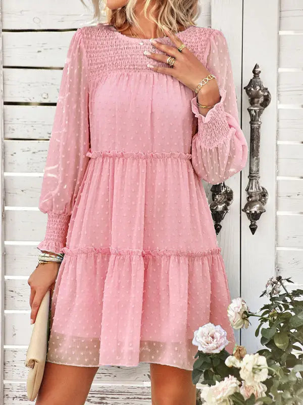Olivia's Solid Color Elegant Round Neck Swiss Dot Jacquard Tiered Mini Dress kakaclo