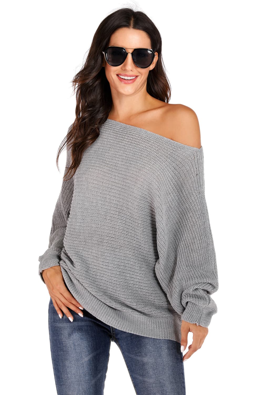 One Shoulder Dolman Sleeve Sweater BLUE ZONE PLANET