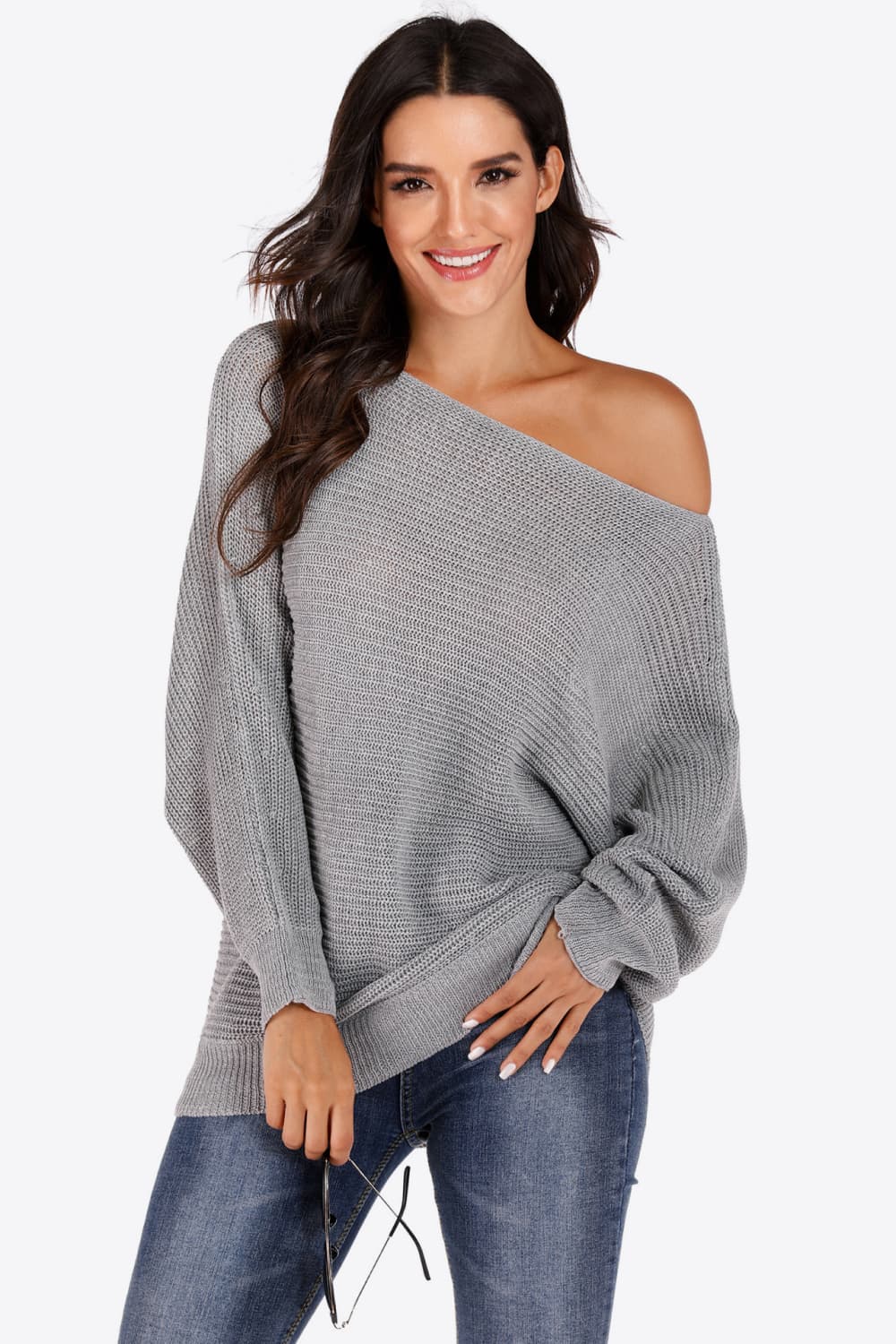 One Shoulder Dolman Sleeve Sweater BLUE ZONE PLANET