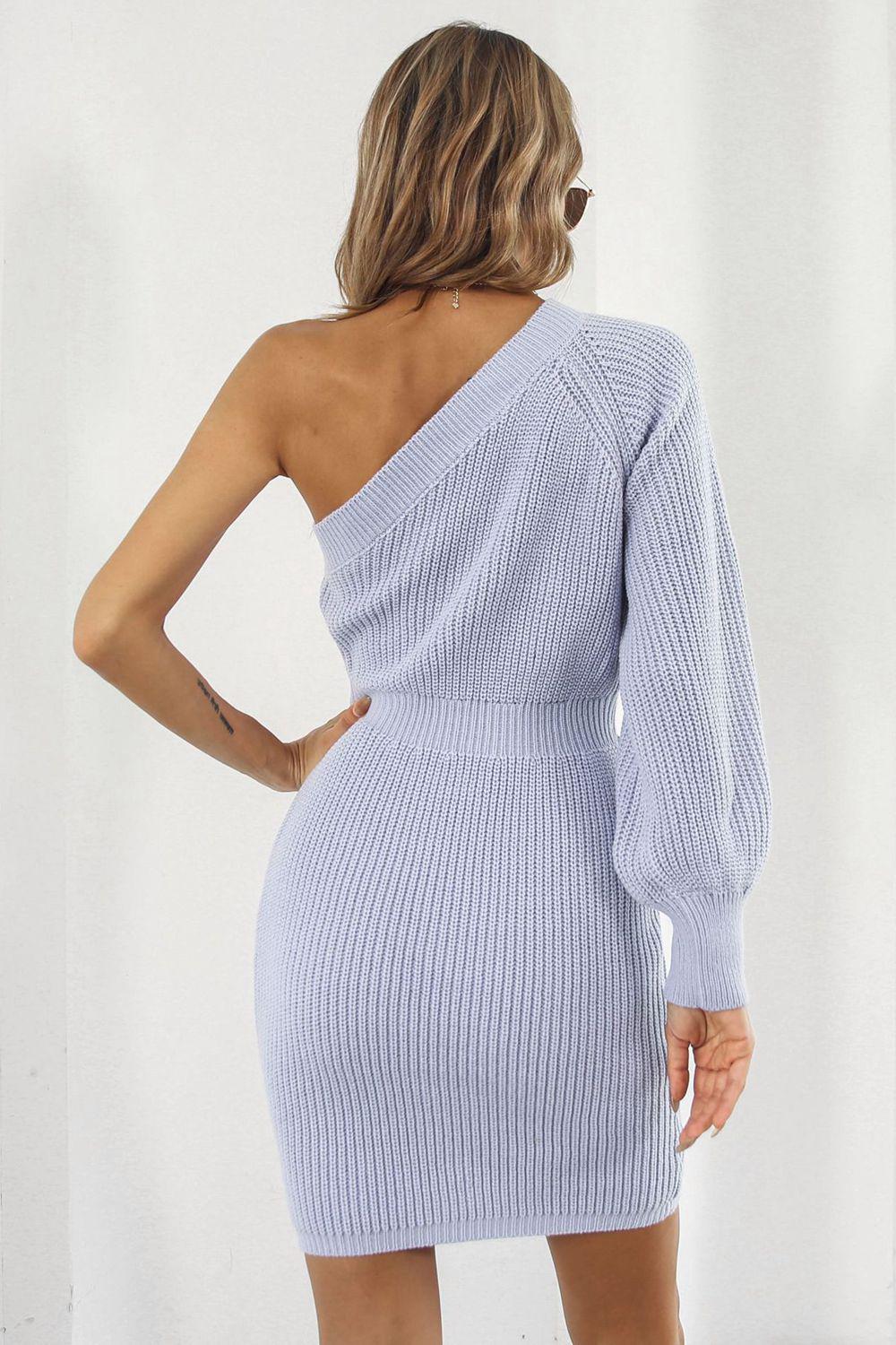 One Shoulder Raglan Sleeve Pencil Sweater Dress BLUE ZONE PLANET