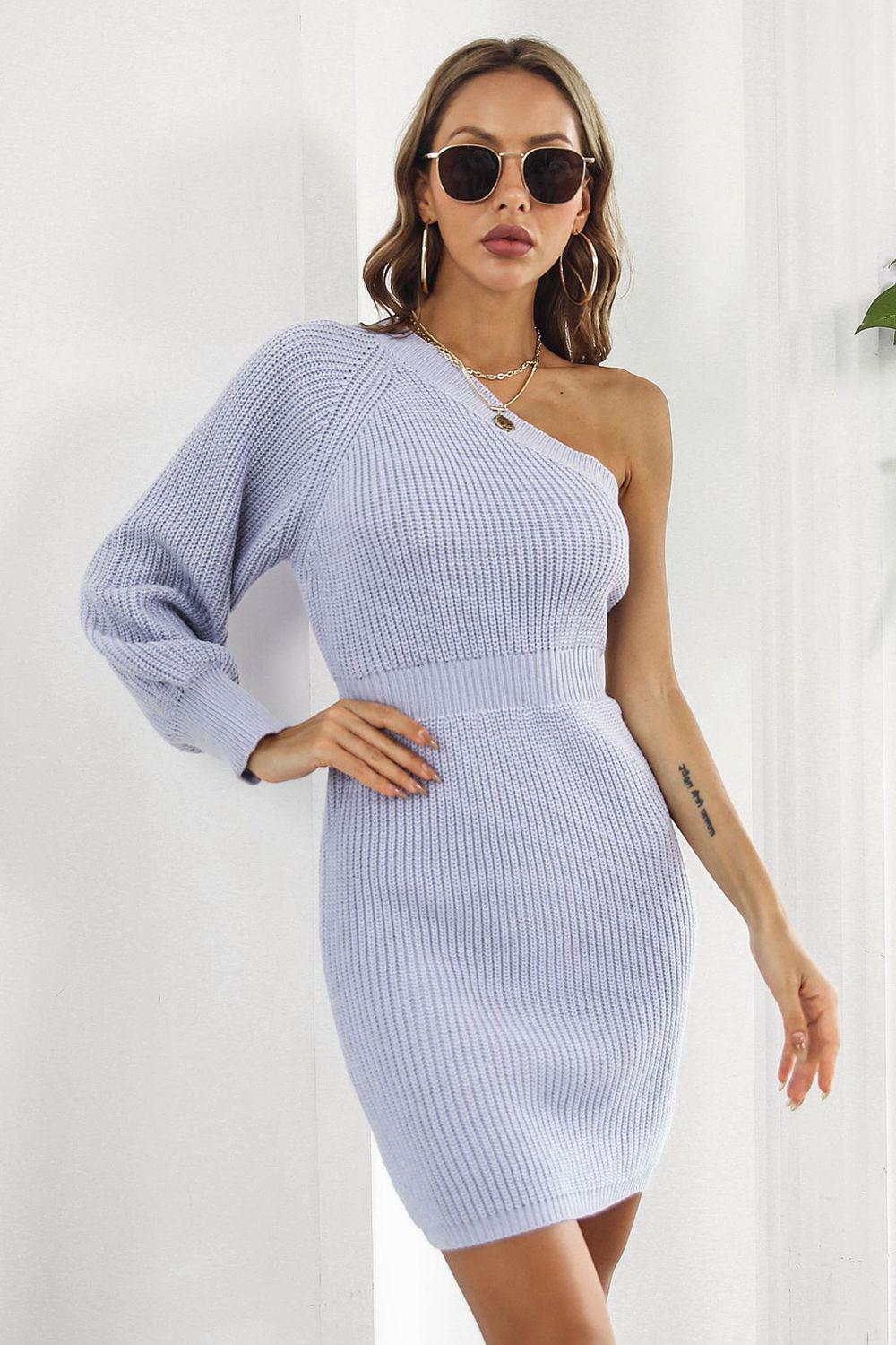 One Shoulder Raglan Sleeve Pencil Sweater Dress BLUE ZONE PLANET