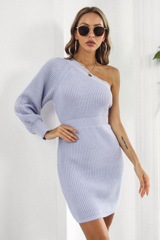 One Shoulder Raglan Sleeve Pencil Sweater Dress BLUE ZONE PLANET