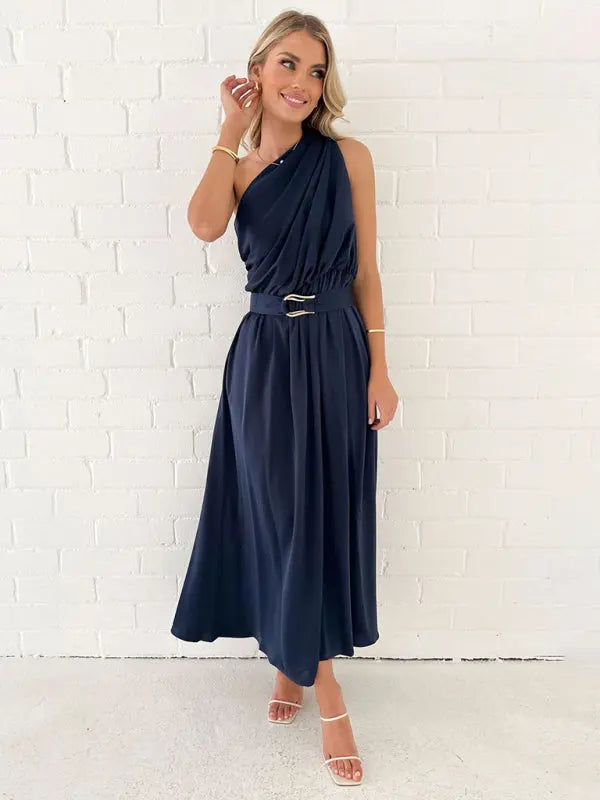 One Shoulder Slim Waist Strapless Backless Dress BLUE ZONE PLANET