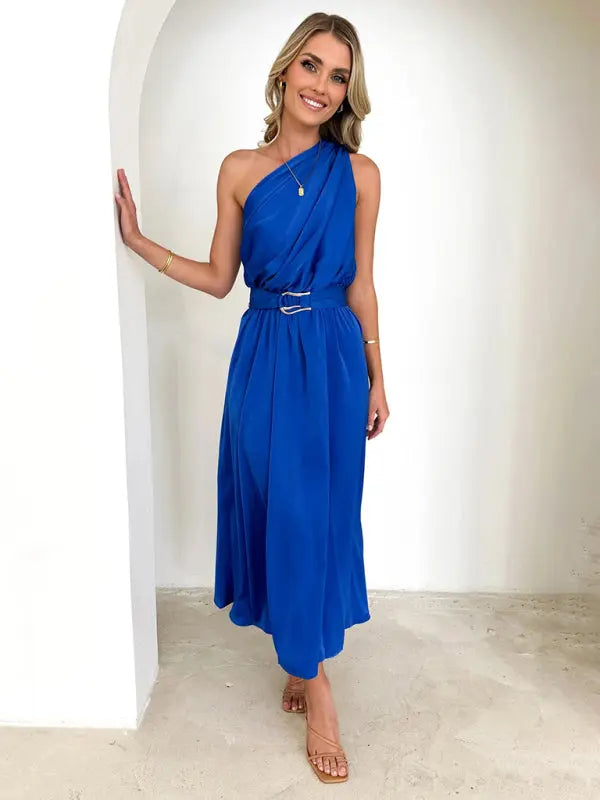 One Shoulder Slim Waist Strapless Backless Dress BLUE ZONE PLANET