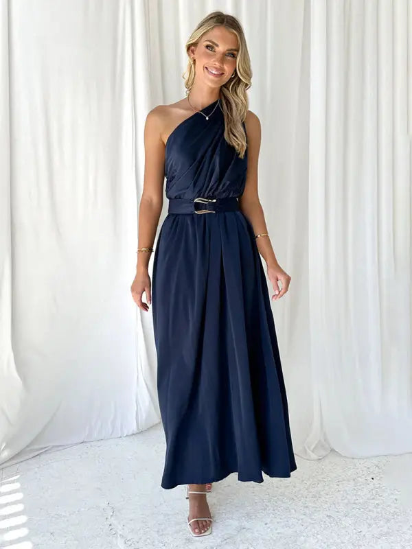 One Shoulder Slim Waist Strapless Backless Dress BLUE ZONE PLANET