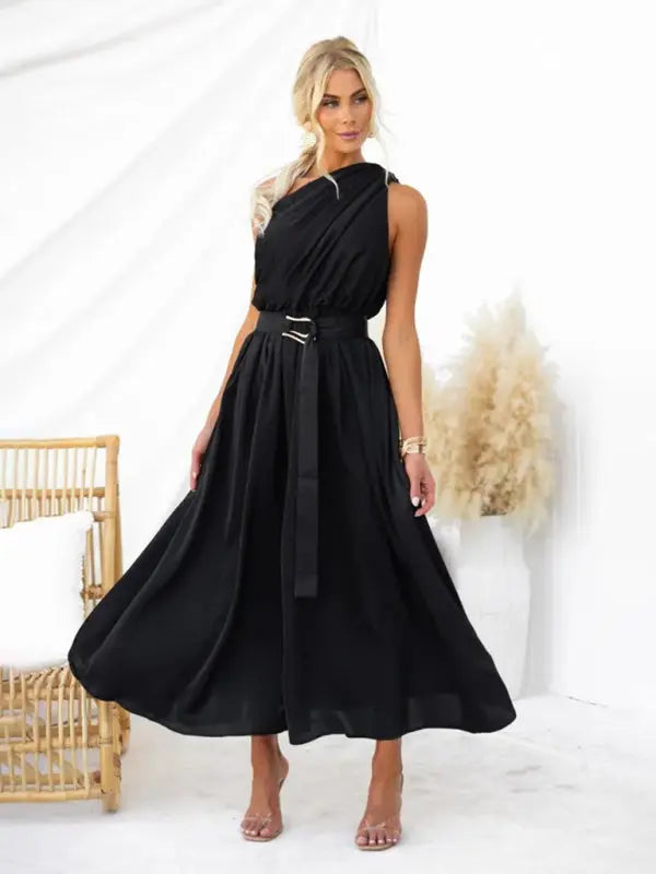 One Shoulder Slim Waist Strapless Backless Dress BLUE ZONE PLANET