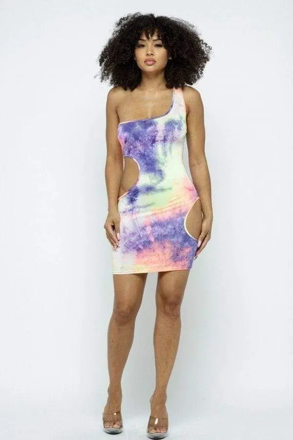 One Shoulder Two Side Cut Off Mini Dress With Mask Blue Zone Planet