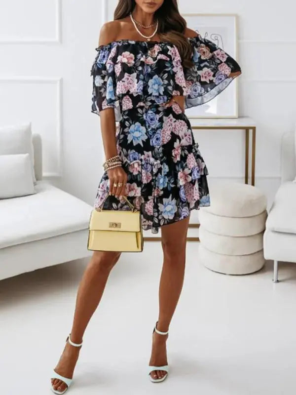One-neck chiffon print commuter waist dress kakaclo