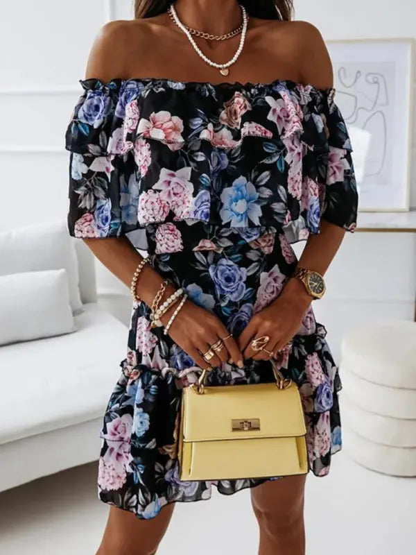 One-neck chiffon print commuter waist dress kakaclo