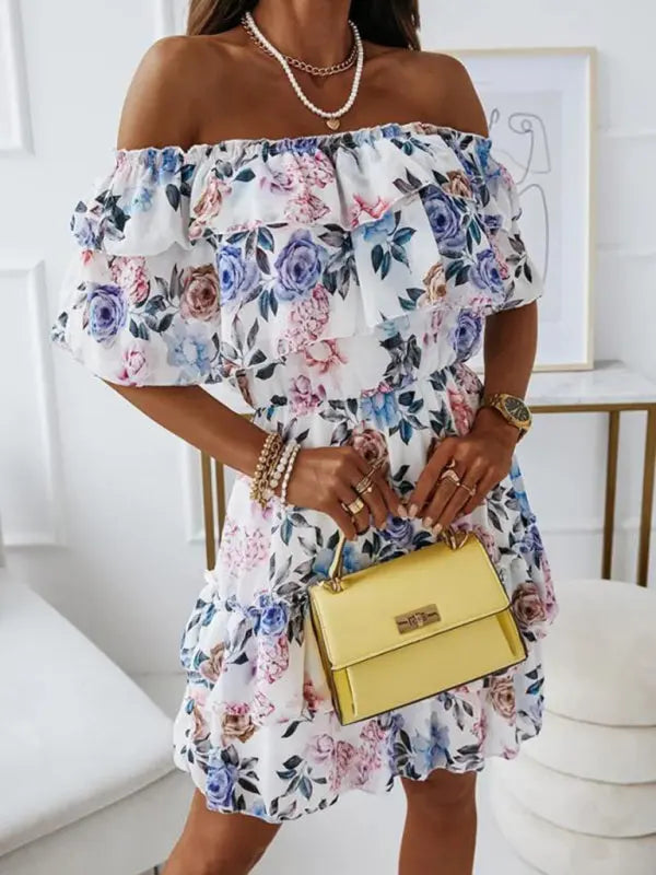 One-neck chiffon print commuter waist dress kakaclo