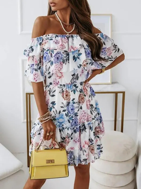 One-neck chiffon print commuter waist dress kakaclo