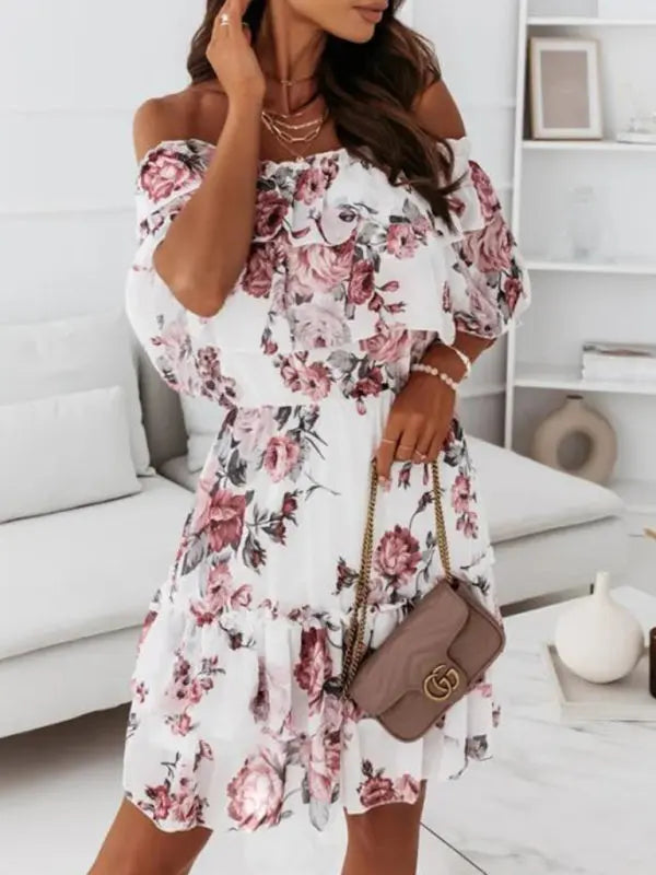 One-neck chiffon print commuter waist dress kakaclo