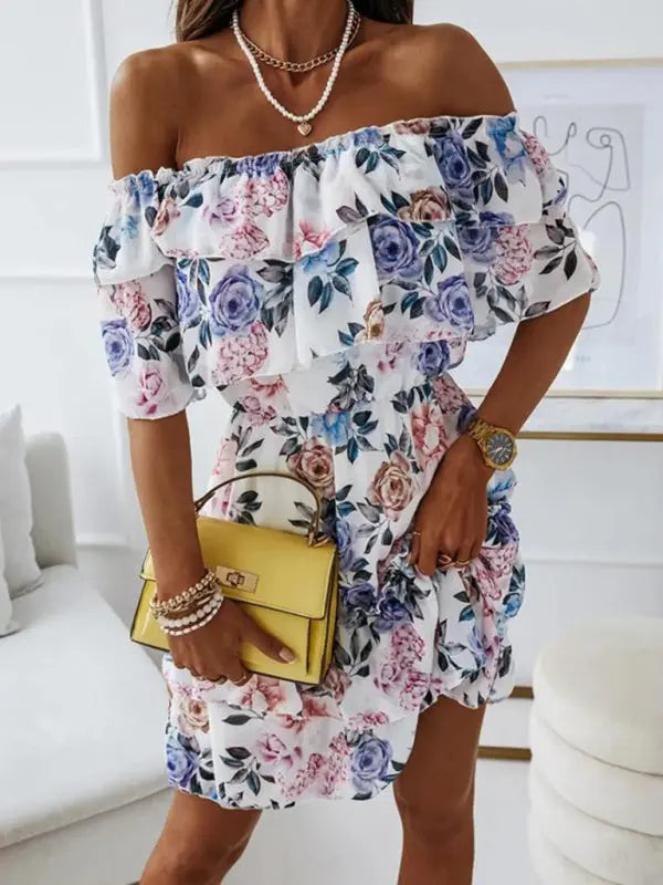 One-neck chiffon print commuter waist dress kakaclo
