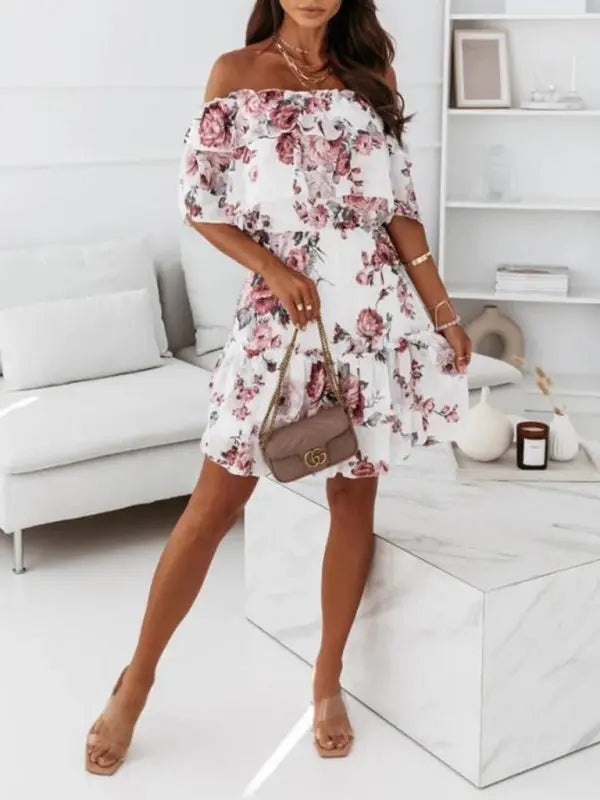One-neck chiffon print commuter waist dress kakaclo