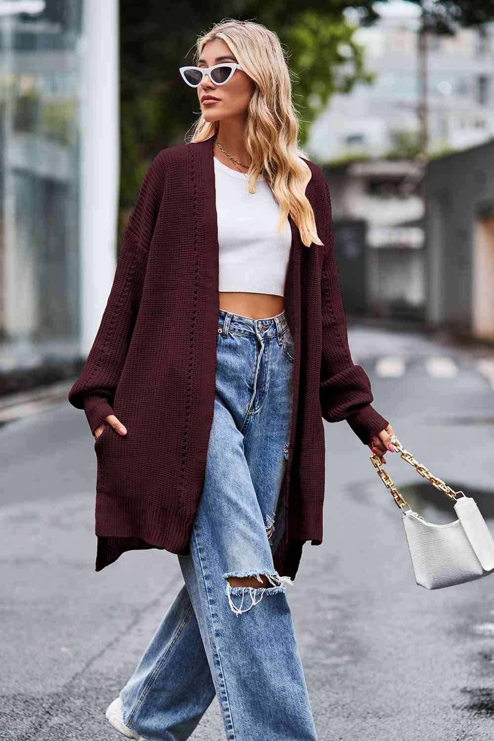 Open Front Dropped Shoulder Longline Cardigan BLUE ZONE PLANET