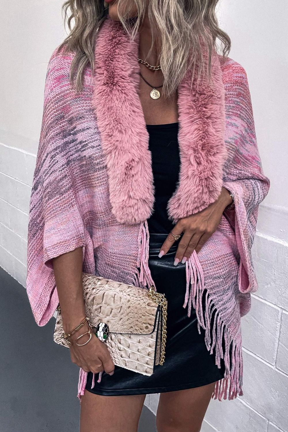 Open Front Fringe Hem Poncho BLUE ZONE PLANET