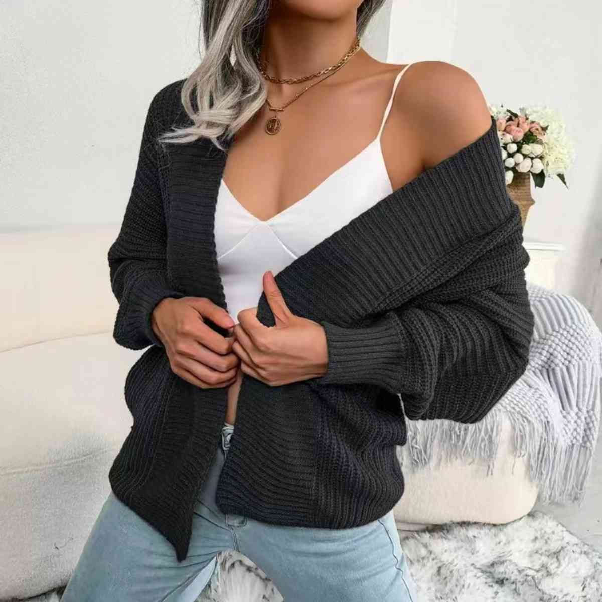 Open Front Lantern Sleeve Cardigan BLUE ZONE PLANET