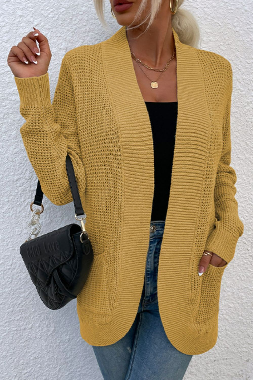 Open Front Rib-Knit Cardigan with Pockets BLUE ZONE PLANET
