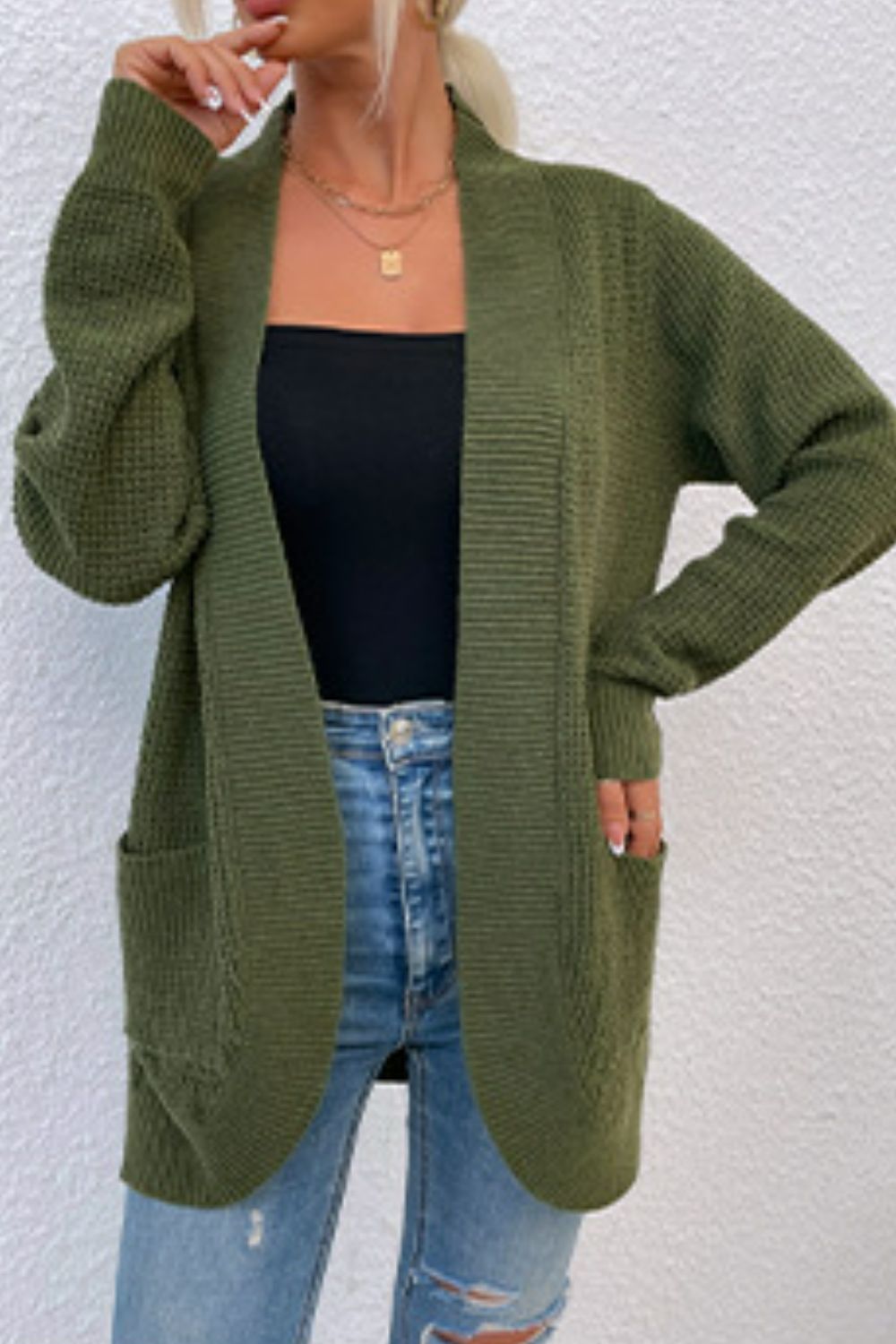 Open Front Rib-Knit Cardigan with Pockets BLUE ZONE PLANET