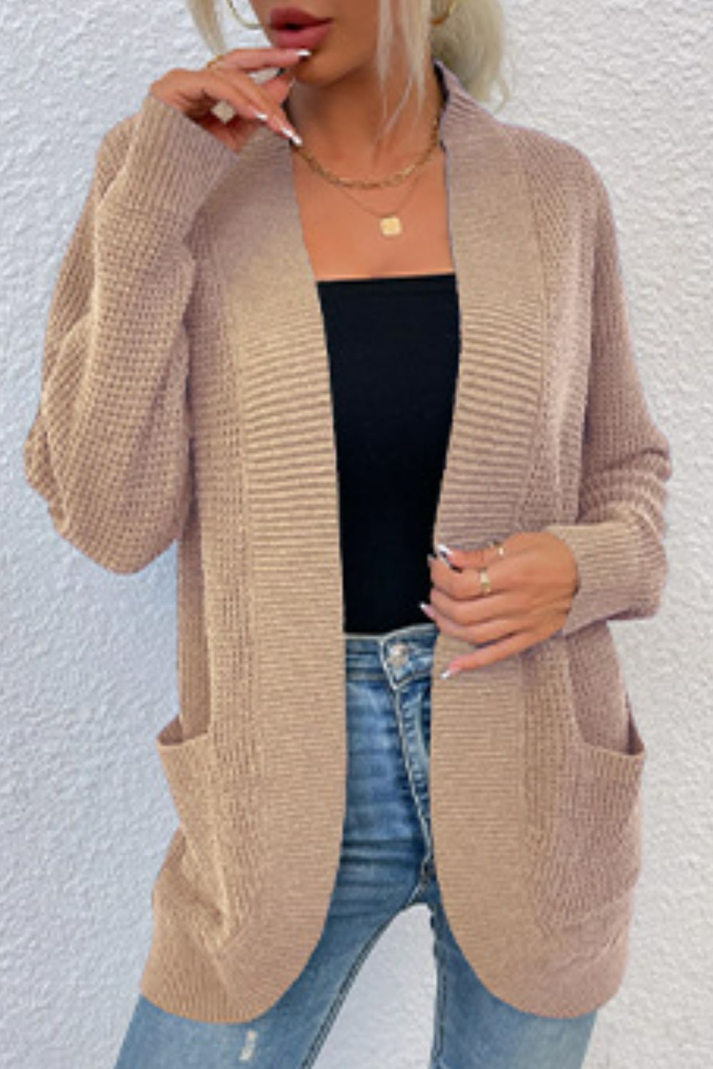 Open Front Rib-Knit Cardigan with Pockets BLUE ZONE PLANET