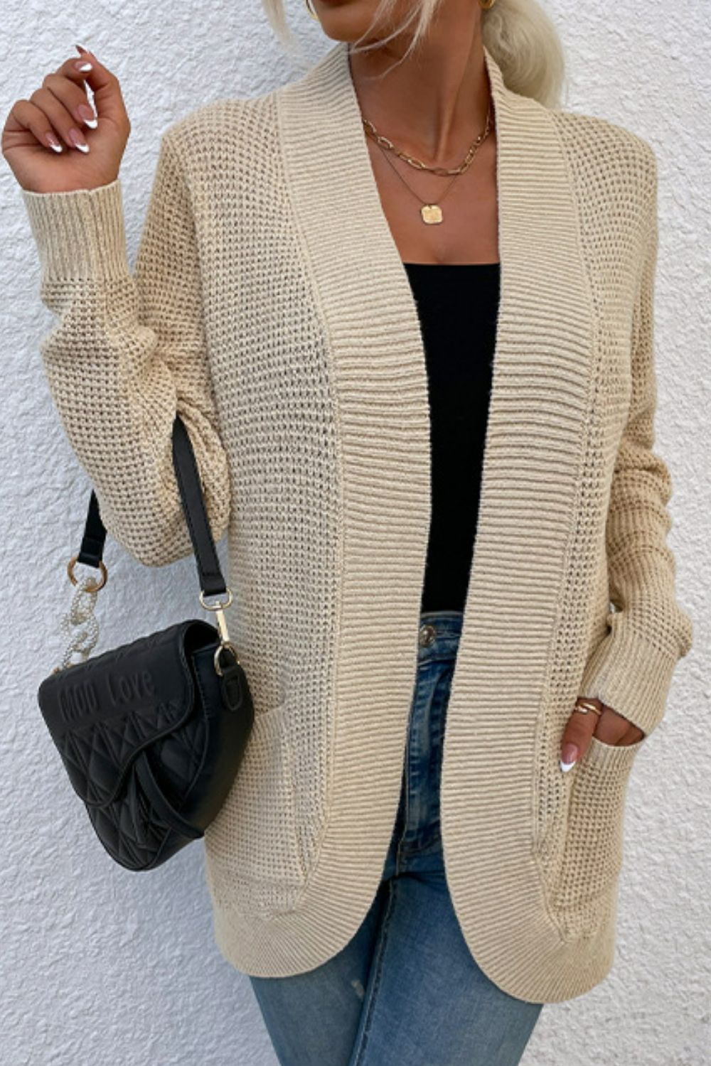 Open Front Rib-Knit Cardigan with Pockets BLUE ZONE PLANET