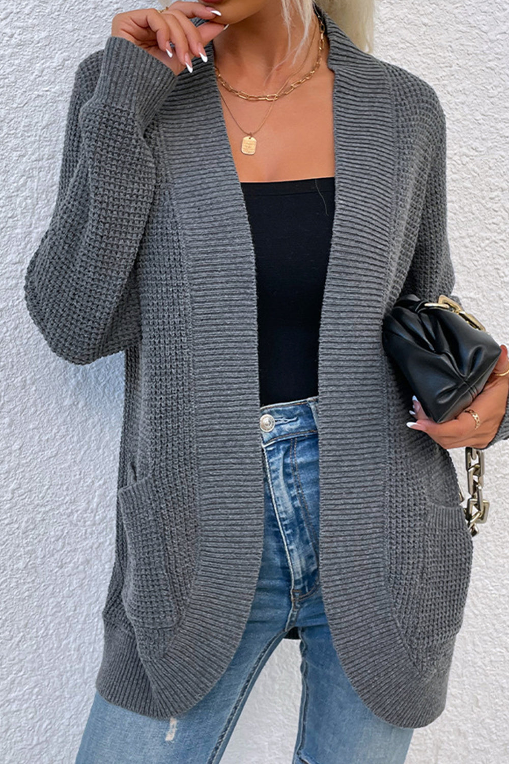 Open Front Rib-Knit Cardigan with Pockets BLUE ZONE PLANET