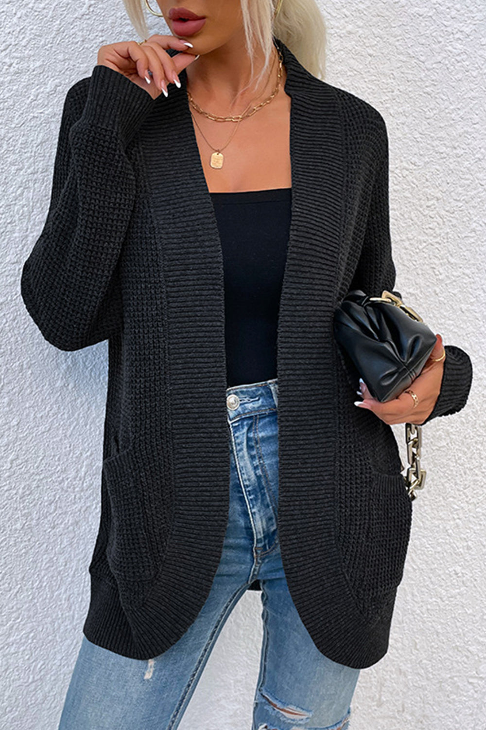 Open Front Rib-Knit Cardigan with Pockets BLUE ZONE PLANET