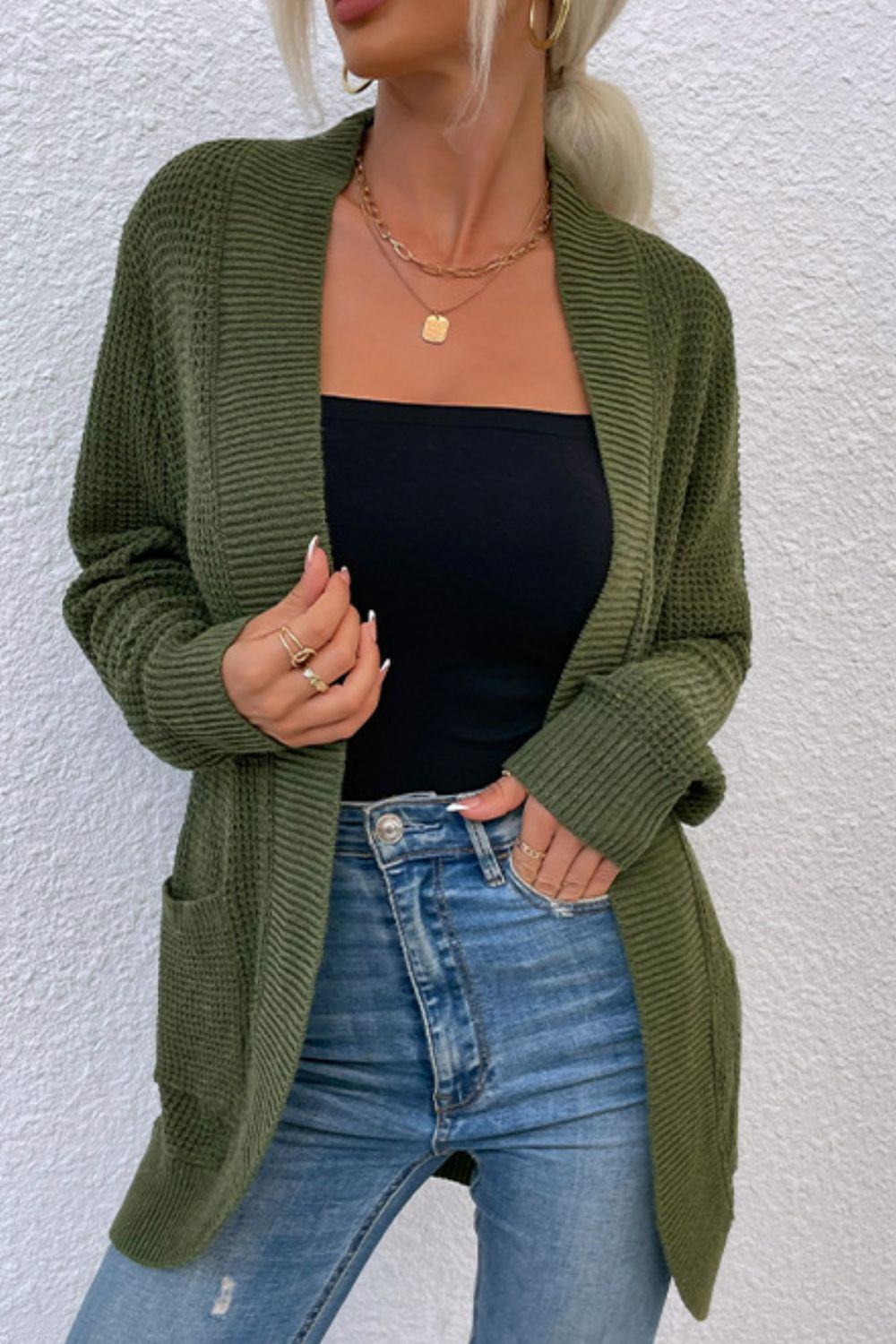 Open Front Rib-Knit Cardigan with Pockets BLUE ZONE PLANET