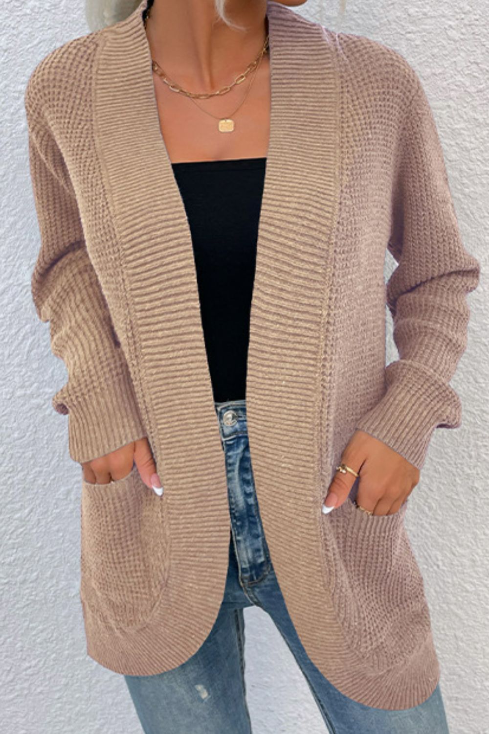 Open Front Rib-Knit Cardigan with Pockets BLUE ZONE PLANET