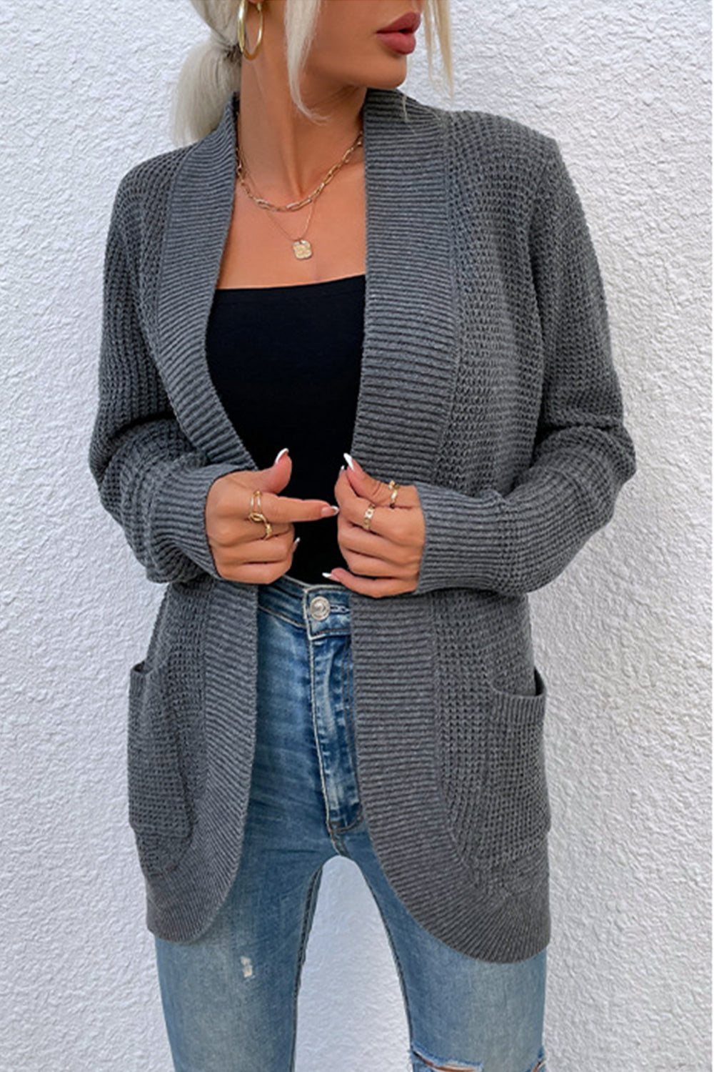 Open Front Rib-Knit Cardigan with Pockets BLUE ZONE PLANET