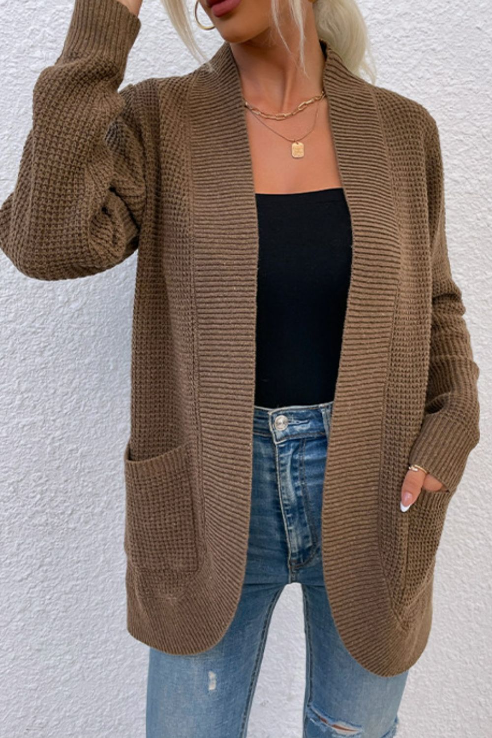 Open Front Rib-Knit Cardigan with Pockets BLUE ZONE PLANET