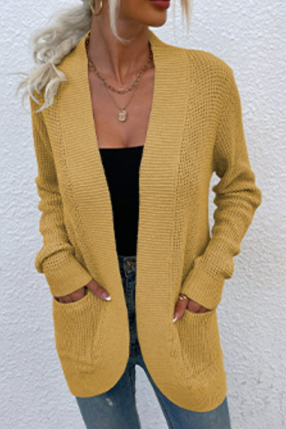 Open Front Rib-Knit Cardigan with Pockets BLUE ZONE PLANET