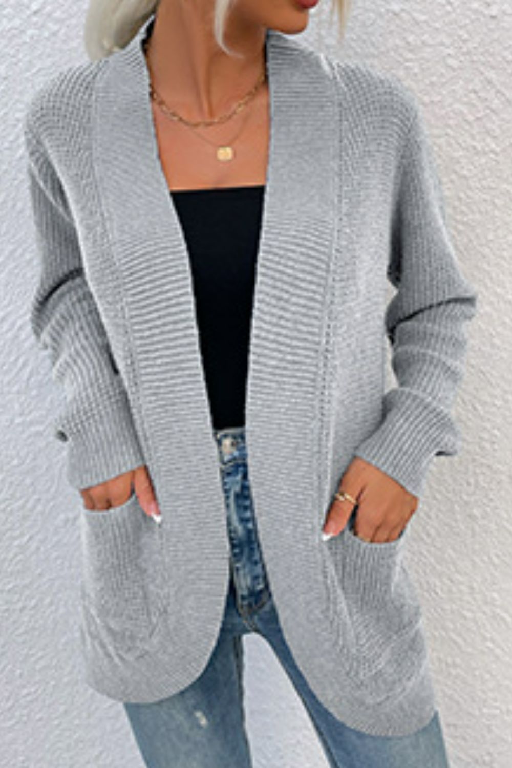Open Front Rib-Knit Cardigan with Pockets BLUE ZONE PLANET