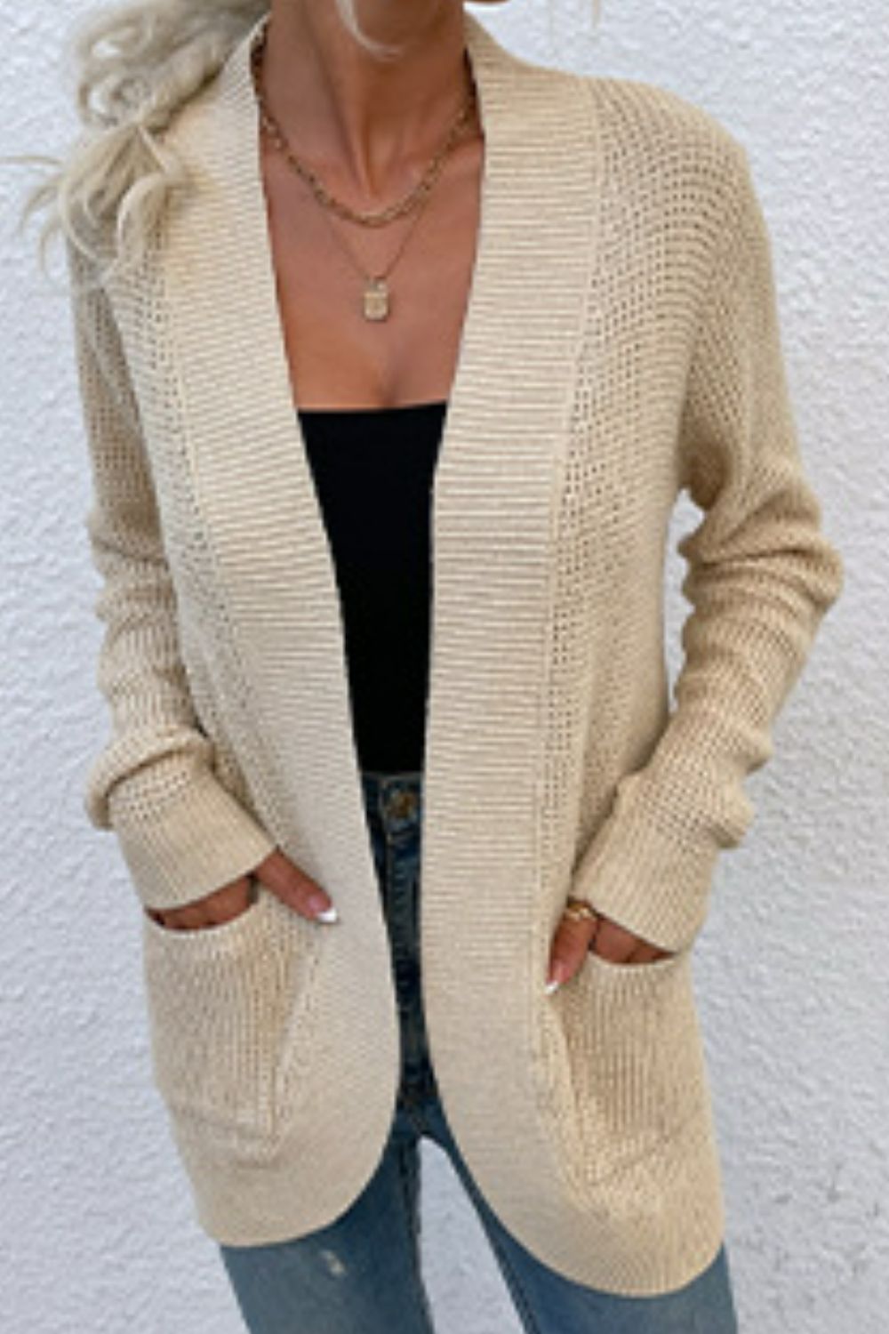 Open Front Rib-Knit Cardigan with Pockets BLUE ZONE PLANET