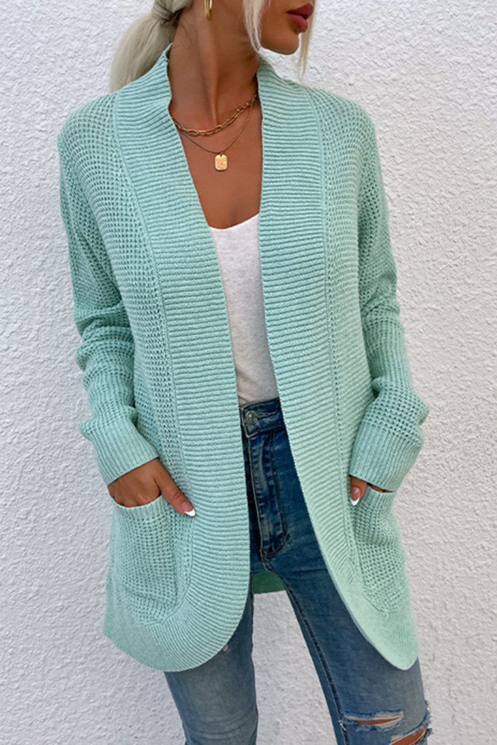Open Front Rib-Knit Cardigan with Pockets BLUE ZONE PLANET