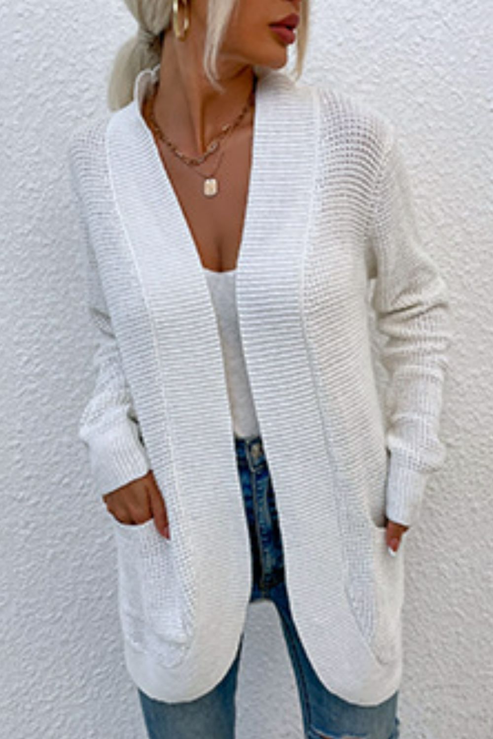 Open Front Rib-Knit Cardigan with Pockets BLUE ZONE PLANET