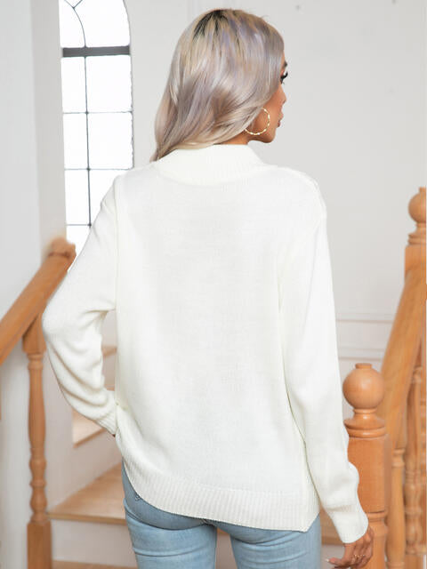 Openwork Geometric Mock Neck Sweater BLUE ZONE PLANET